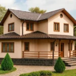 Проект дома «Ж-204» из СИП-панелей, 204 м² — двухэтажный дом с бежевым фасадом, коричневой крышей и крытой террасой | HotWell.KZ