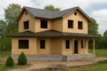 Дом «Ж-204», 204 м², 1.5 этажа, в черновой отделке: коробка из СИП-панелей OSB-3, двускатная кровля из металлочерепицы, проёмы без окон и дверей, в проёмах видны сосновые балки перекрытия