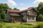 Проект дома «Ж-236» из СИП-панелей, 236 м² — двухэтажный дом с фахверковым фасадом, красной крышей и балконом | HotWell.KZ