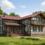 Проект дома «Ж-236» из СИП-панелей, 236 м² — двухэтажный дом с фахверковым фасадом, красной крышей и балконом | HotWell.KZ
