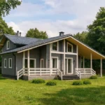 Проект дома «Ж-240» из СИП-панелей, 240 м² — двухэтажный дом с серым фасадом, темной крышей и террасой | HotWell.KZ