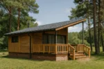 Проект дома «Ж-59» из СИП-панелей, 59 м² — одноэтажный дом с деревянным фасадом, черной крышей и террасой | HotWell.KZ