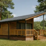 Проект дома «Ж-59» из СИП-панелей, 59 м² — одноэтажный дом с деревянным фасадом, черной крышей и террасой | HotWell.KZ