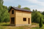 Дом «А-81», 81 м², 1,5 этажа, в черновой отделке: коробка из СИП-панелей OSB-3, двускатная кровля из металлочерепицы, проёмы без окон и дверей, в проёмах видны сосновые балки перекрытия