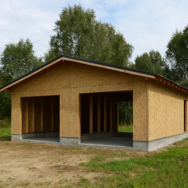 Дом «А-90», 90 м², 1 этаж, в черновой отделке: коробка из СИП-панелей OSB-3, двускатная кровля из металлочерепицы, проёмы без окон и дверей