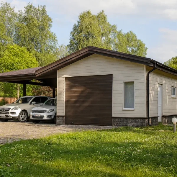 Проект гаража «Б-87Б» из СИП-панелей, 87 м² — одноэтажный дом с бежевым фасадом, коричневой крышей и навесом | HotWell.KZ