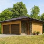 Проект гаража «Д-54В» из СИП-панелей, 54 м² — одноэтажный дом с деревянным фасадом, коричневой крышей и двумя воротами | HotWell.KZ
