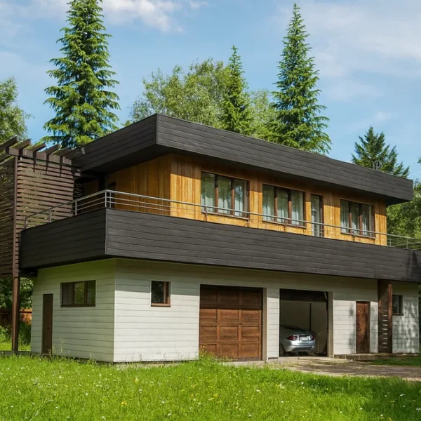 Проект гаража «Г-263» из СИП-панелей, 263 м² — двухэтажный дом с белым фасадом, черной крышей и балконом | HotWell.KZ
