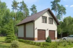 Проект гаража «Л-128» из СИП-панелей, 128 м² — двухэтажный дом с белым фасадом, коричневой крышей и двумя воротами | HotWell.KZ