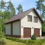Проект гаража «Л-128» из СИП-панелей, 128 м² — двухэтажный дом с белым фасадом, коричневой крышей и двумя воротами | HotWell.KZ