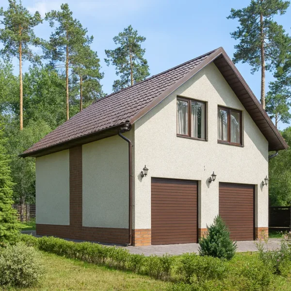 Проект гаража «Л-128» из СИП-панелей, 128 м² — двухэтажный дом с белым фасадом, коричневой крышей и двумя воротами | HotWell.KZ