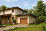 Проект гаража «М-40» из СИП-панелей, 40 м² — двухэтажный дом с бежевым фасадом, коричневой крышей и гаражом | HotWell.KZ