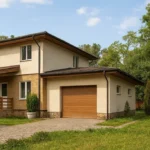 Проект гаража «М-40» из СИП-панелей, 40 м² — двухэтажный дом с бежевым фасадом, коричневой крышей и гаражом | HotWell.KZ