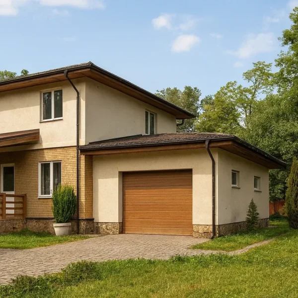 Проект гаража «М-40» из СИП-панелей, 40 м² — двухэтажный дом с бежевым фасадом, коричневой крышей и гаражом | HotWell.KZ