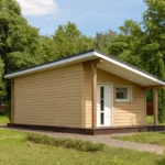 Проект гаража «Н-47» из СИП-панелей, 47 м² — одноэтажный дом с бежевым фасадом и плоской крышей | HotWell.KZ