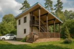Проект гаража «П-107В» из СИП-панелей, 107 м² — двухэтажный дом с бежевым фасадом, коричневой крышей и террасой | HotWell.KZ