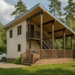 Проект гаража «П-107В» из СИП-панелей, 107 м² — двухэтажный дом с бежевым фасадом, коричневой крышей и террасой | HotWell.KZ