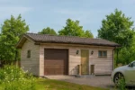 Проект гаража «П-58» из СИП-панелей, 58 м² — одноэтажный дом с бежевым фасадом и коричневой крышей | HotWell.KZ