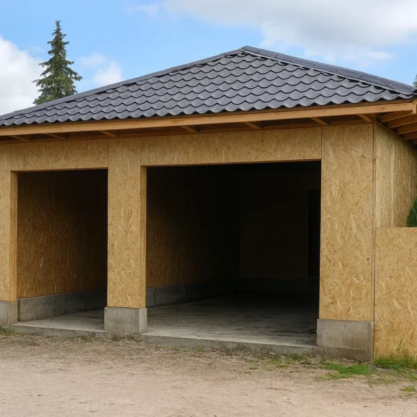 Дом «С-63В», 63 м², 1 этаж, в черновой отделке: коробка из СИП-панелей OSB-3, вальмовая кровля из металлочерепицы, проёмы без окон и дверей