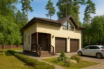 Проект гаража «В-126» из СИП-панелей, 126 м² — двухэтажный дом с бежевым фасадом, коричневой крышей и двумя воротами | HotWell.KZ