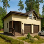 Проект гаража «В-126» из СИП-панелей, 126 м² — двухэтажный дом с бежевым фасадом, коричневой крышей и двумя воротами | HotWell.KZ