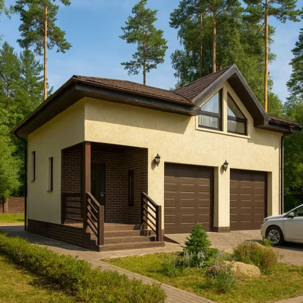 Проект гаража «В-126» из СИП-панелей, 126 м² — двухэтажный дом с бежевым фасадом, коричневой крышей и двумя воротами | HotWell.KZ