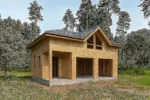 Дом «В-126», 126 м², 1,5 этажа, в черновой отделке: коробка из СИП-панелей OSB-3, вальмовая кровля из металлочерепицы, проёмы без окон и дверей, в проёмах видны сосновые балки перекрытия