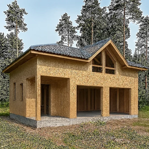 Дом «В-126», 126 м², 1,5 этажа, в черновой отделке: коробка из СИП-панелей OSB-3, вальмовая кровля из металлочерепицы, проёмы без окон и дверей, в проёмах видны сосновые балки перекрытия