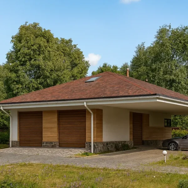 Проект гаража «В-228» из СИП-панелей, 228 м² — одноэтажный дом с белым фасадом, коричневой крышей и двумя воротами | HotWell.KZ