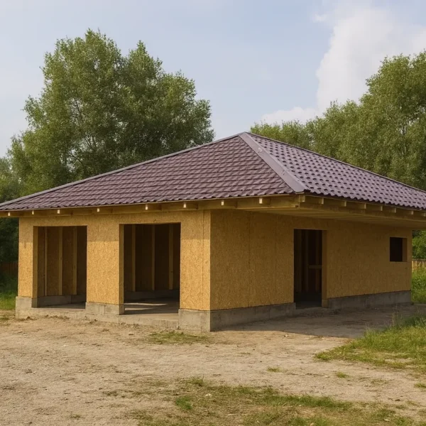 Дом «В-228», 228 м², 1.5 этажа, в черновой отделке: коробка из СИП-панелей OSB-3, вальмовая кровля из металлочерепицы, проёмы без окон и дверей, в проёмах видны сосновые балки перекрытия