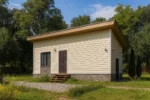 Проект гаража «Я-36Б» из СИП-панелей, 36 м² — одноэтажный дом с бежевым фасадом, плоской крышей и каменным цоколем | HotWell.KZ