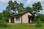 Проект гаража «Я-63» из СИП-панелей, 63 м² — одноэтажный дом с бежевым фасадом, коричневой крышей и гаражными воротами | HotWell.KZ