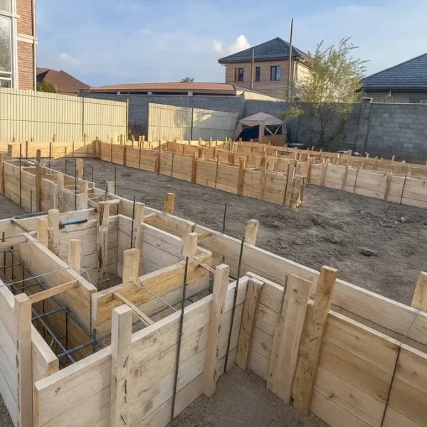 Дом «Сатурин» 165 м², Алматы, 2026: опалубка вблизи — угол ленты с арматурным каркасом и подкосами, за оградой соседние дома