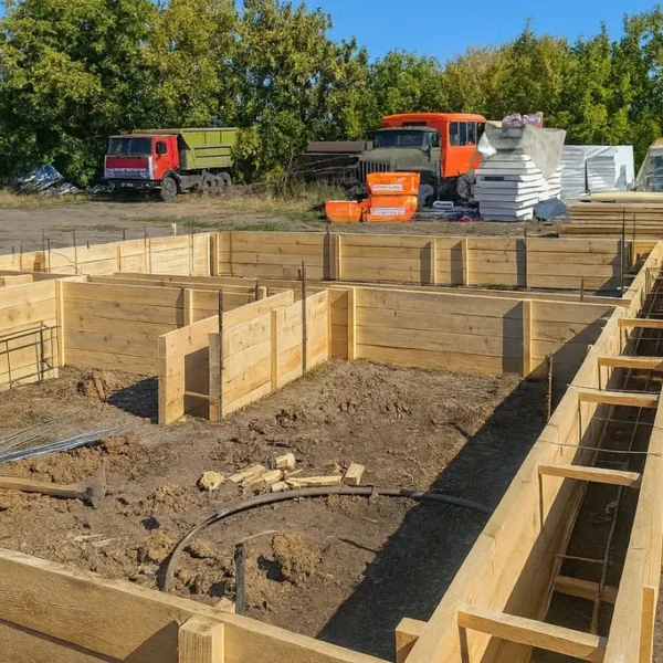 Дом «Ерлан» 100 м², Осакаровка, 2026: в опалубке вяжется арматурный каркас — продольные стержни с хомутами, рядом на площадке пачки СИП-панелей домокомплекта